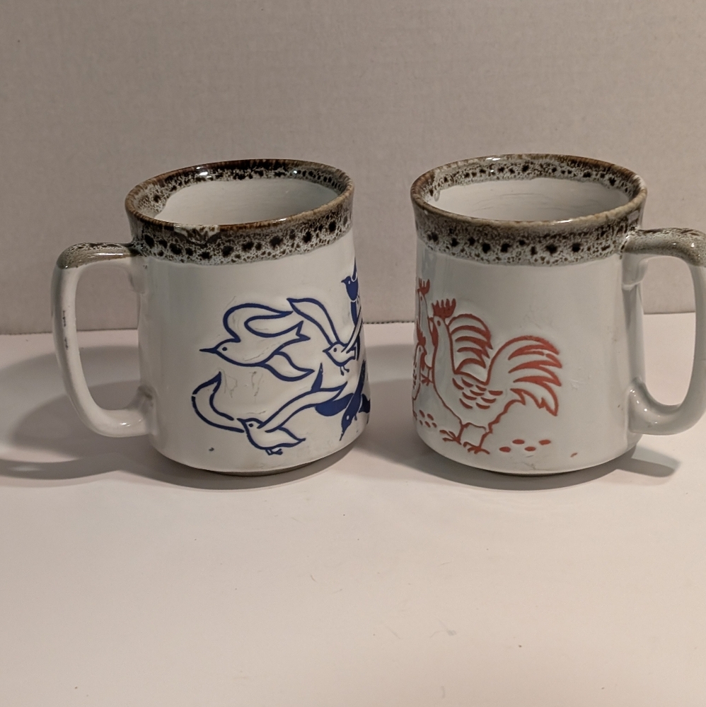 Two Vintage Stoneware Mug one Seagull Birds Blue, other one Chickens Red.